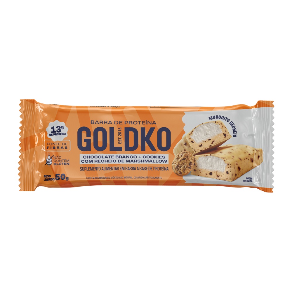 Goldko Barra de Proteína Chocolate Branco + Cookies com Marshmallow 50g